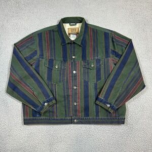 1990s Vtg DEMIN EXPRESS jean jacket DENIM striped XL Blue Green TRUCKER Baggy